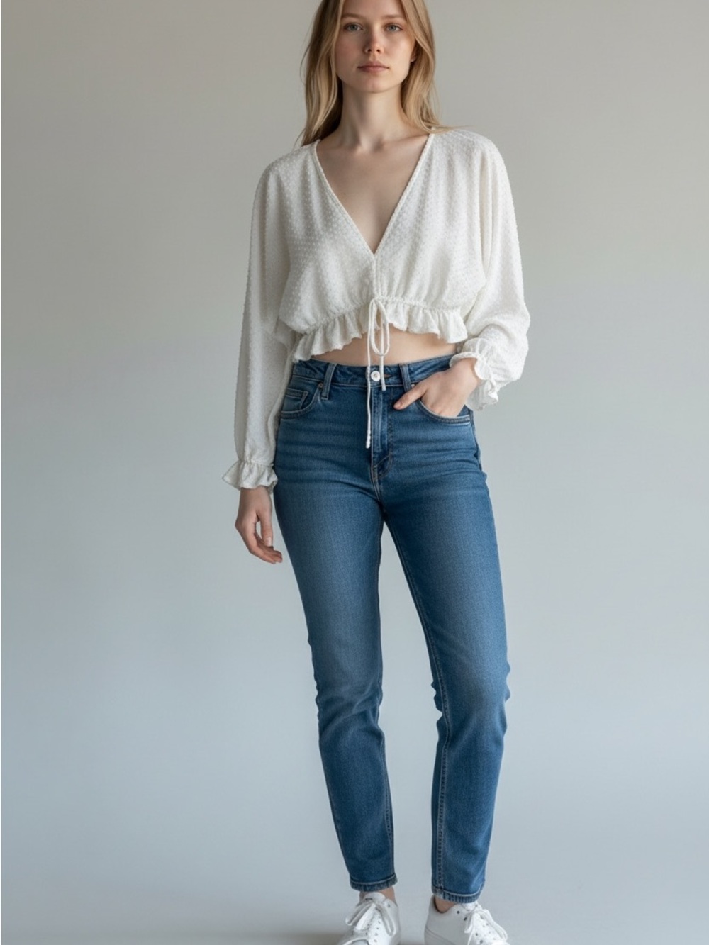 Audrey 3+1 Ivory Swiss Dot Ruffle Tie-Front Crop Top